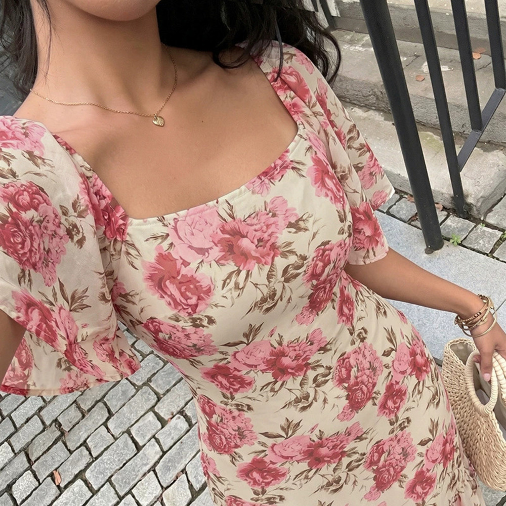 Asian Square Neck Bodycon Dress Summer Evening Ruffle Sleeve Tie Open Back Sheer
